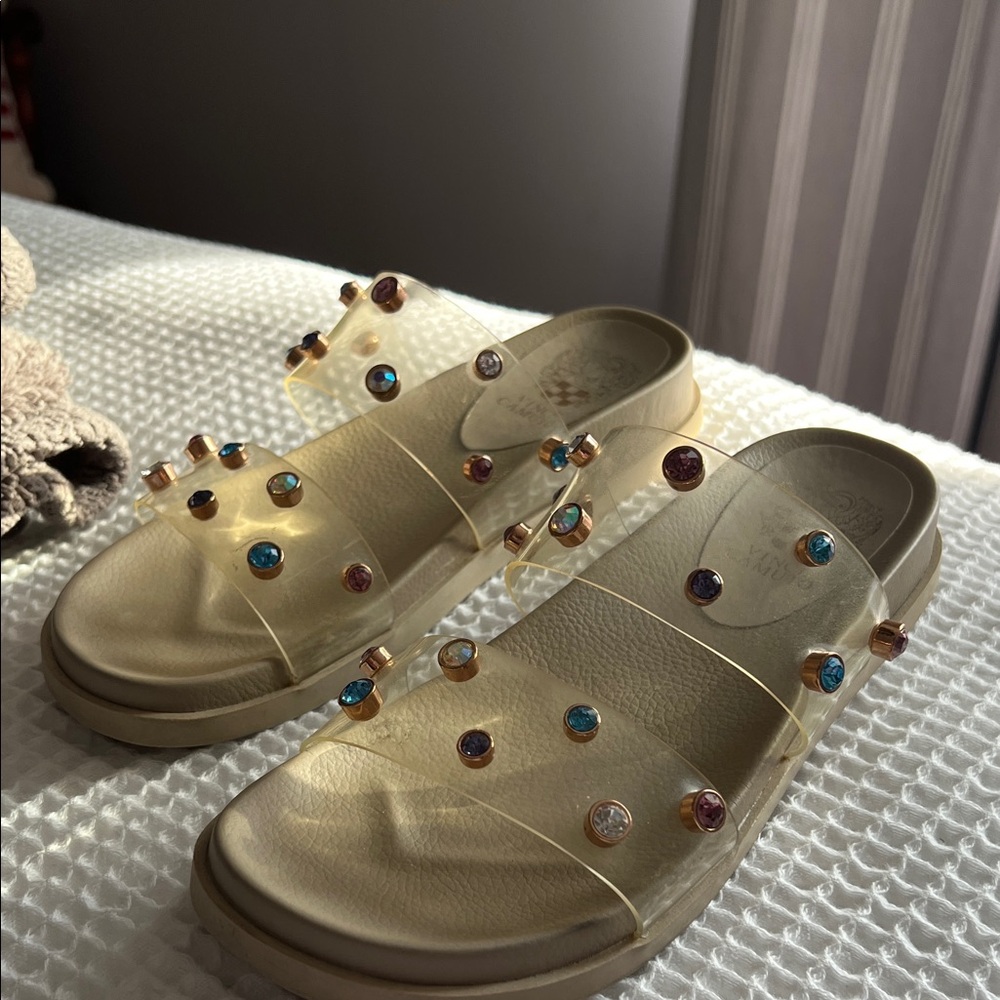 Vince Camuto Gold Slide Sandals with Multicolored Gem Accents